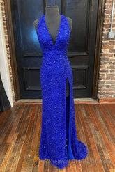 Backless Royal Blue Sequins Semi Formal Prom Gown with Slit